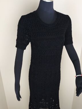 Lauren Ralph Lauren Black Cotton Crochet Tassel Fringe Midi Dress M